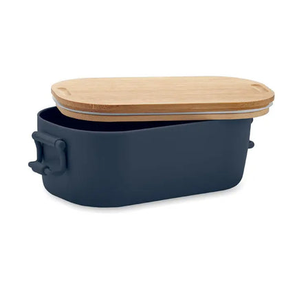 Cutie de pranz pp 700 ml in ceramică albastru marin cu capac din bambus și mânere integrate pentru servire și depozitare