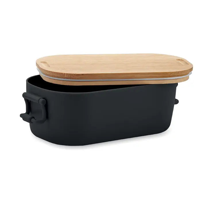 Cutie de pranz pp 700 ml cu tava neagra din silicon si capac usor din bambus cu manere laterale