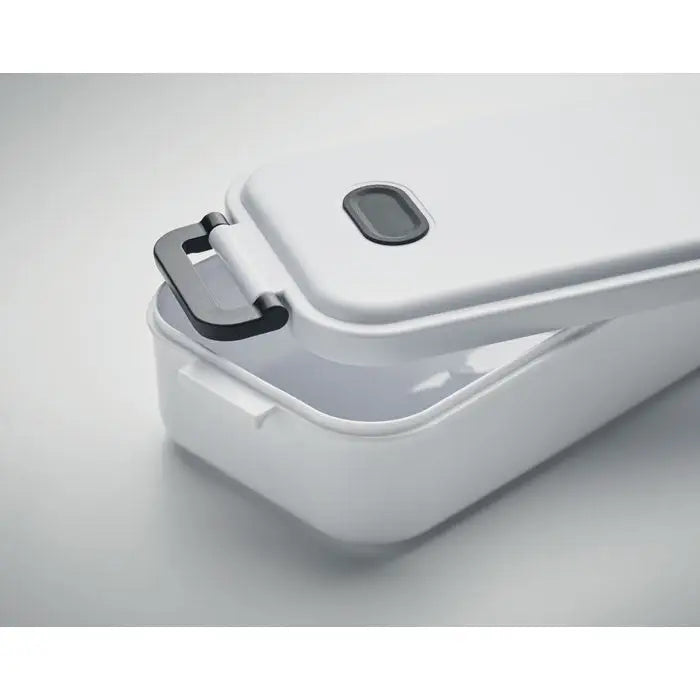 Cutie de pranz pp 800 ml alb din plastic cu maner si inchidere neagra pentru depozitare hrană