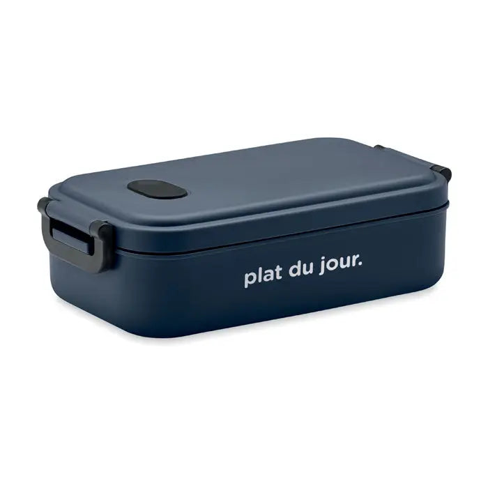 Bento rectangular navy blue din plastic pp 800 ml cu inchidere neagra si text alb plat du jour