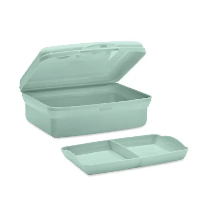 Cutie de pranz pp pentru copii verde deschis din plastic cu capac articulat si doua compartimente