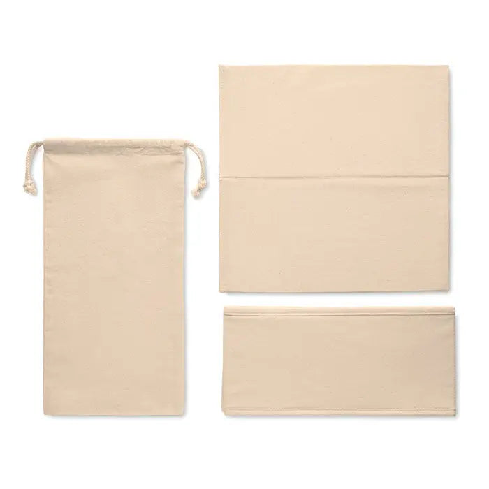 Beige canvas storage bags in three sizes with drawstring closure and stitched seams cutie mare de depozitare 220 gr/m²