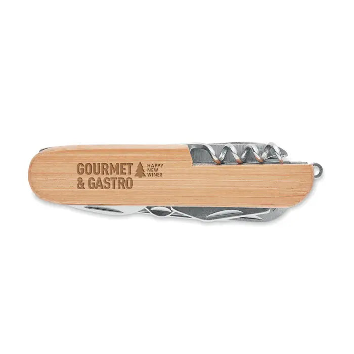Cutit de buzunar din bambus cu maner elegant si instrumente multiple, inclusiv tirbuson din otel inoxidabil gravat gourmet gastro