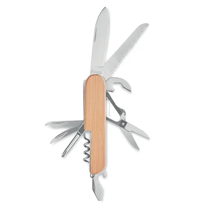 Cutit de buzunar cu instrumente multiple din bambus cu maner elegant si lame inoxidabile de design clasic