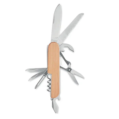 Cutit de buzunar cu instrumente multiple din bambus cu maner elegant si lame inoxidabile de design clasic