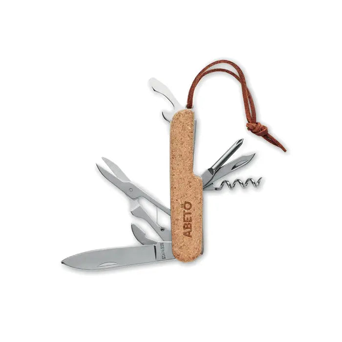 Cutit de buzunar cu mai multe instrumente din plută bej cu mâner din plută și lame din oțel inoxidabil cu lănțișor de piele maro
