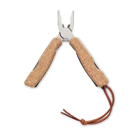 Cutit de buzunar cu multifunctionale si maner de pluta si clește cu cap metalic argintiu si snur din piele maro