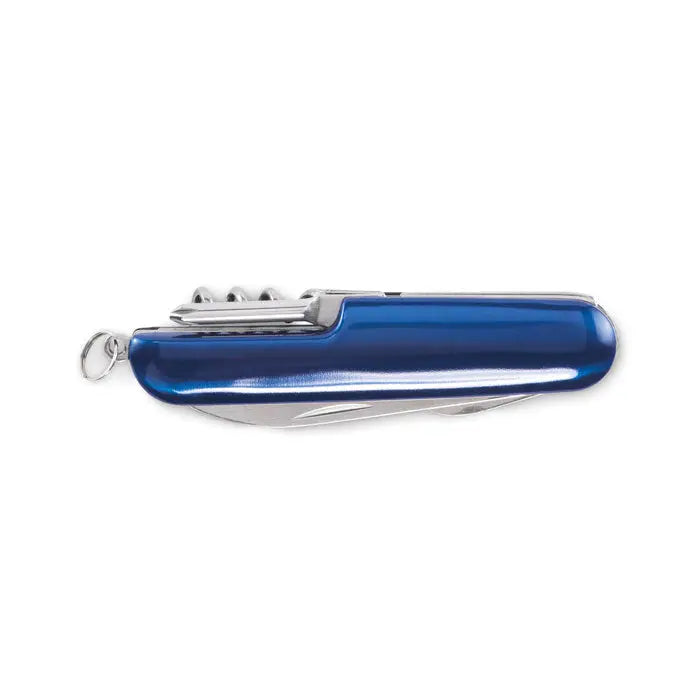 Cutit de buzunar albastru din plastic cu componente metalice argintii si inel de chei multifunctional