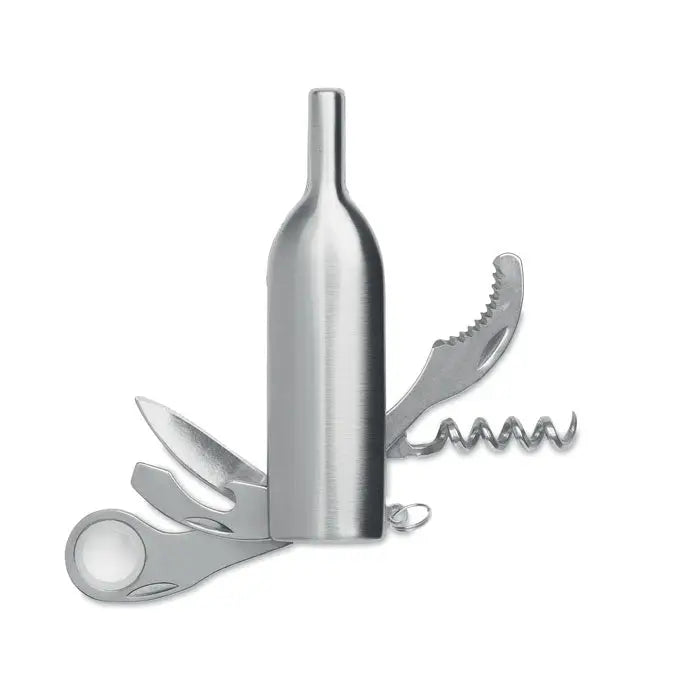 Cutit de buzunar din otel inoxidabil argintiu in forma de sticla de vin cu tirbuson si foarfeca integrate