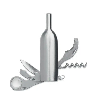 Cutit de buzunar din otel inoxidabil argintiu in forma de sticla de vin cu tirbuson si foarfeca integrate