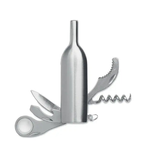 Cutit de buzunar din otel inoxidabil argintiu in forma de sticla de vin cu tirbuson si foarfeca integrate