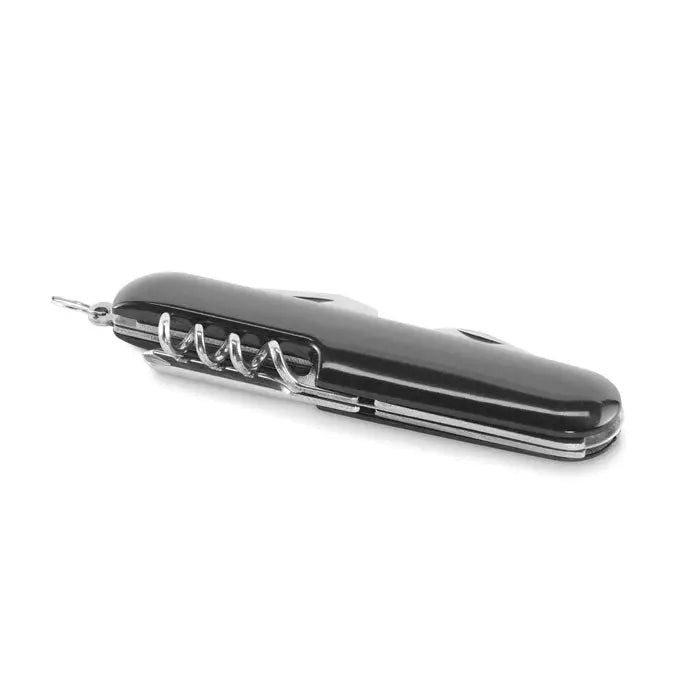 Cutit de buzunar negru cu mai multe instrumente metalice si tirbuson argintiu pentru diverse utilizari