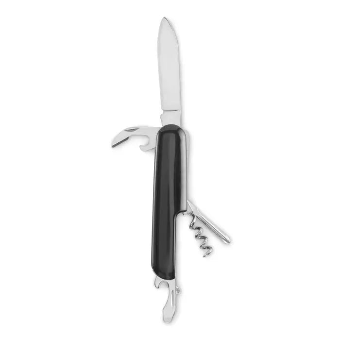 Cutit de buzunar cu mai multe instrumente negru cu lame si accesorii din metal argintiu inclusiv cutit tirbuson deschizator surubelnita