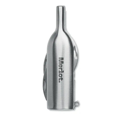 Cutit de buzunar cu mai multe instrumente argintiu din inox in forma de sticla de vin gravat merlot pe lateral