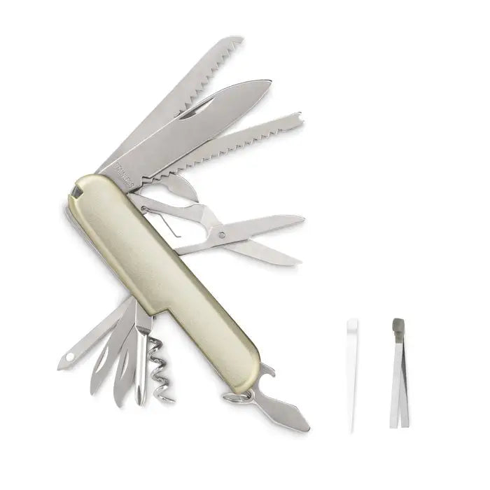 Cutit de buzunar multifunctional cu maner bej si lame din metal argintiu pentru taiere si unelte diverse
