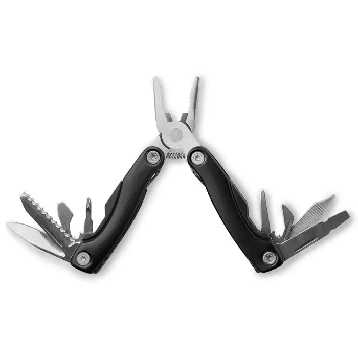 Cutit multifunctional multi tool cu manere negre si implementari din metal argintiu pentru pliere si taiere