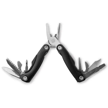 Cutit multifunctional multi tool cu manere negre si implementari din metal argintiu pentru pliere si taiere