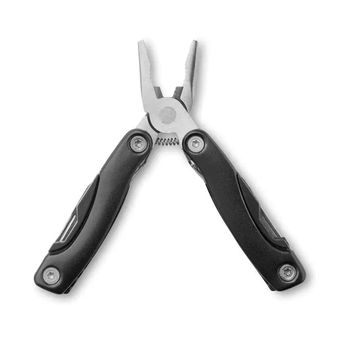 Clește multifunctional cutit cu mâner negru, fălci metalice argintii și mecanism cu arc