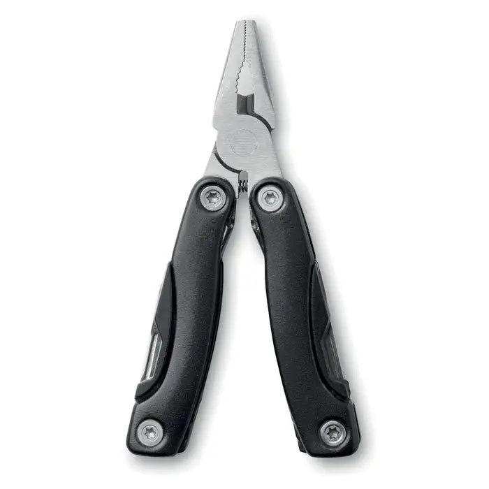 Multitool pliers cutit multifunctional cu mâner negru și fălci metalice argintii texturate