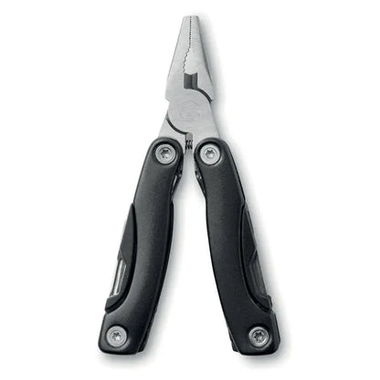 Multitool pliers cutit multifunctional cu mâner negru și fălci metalice argintii texturate