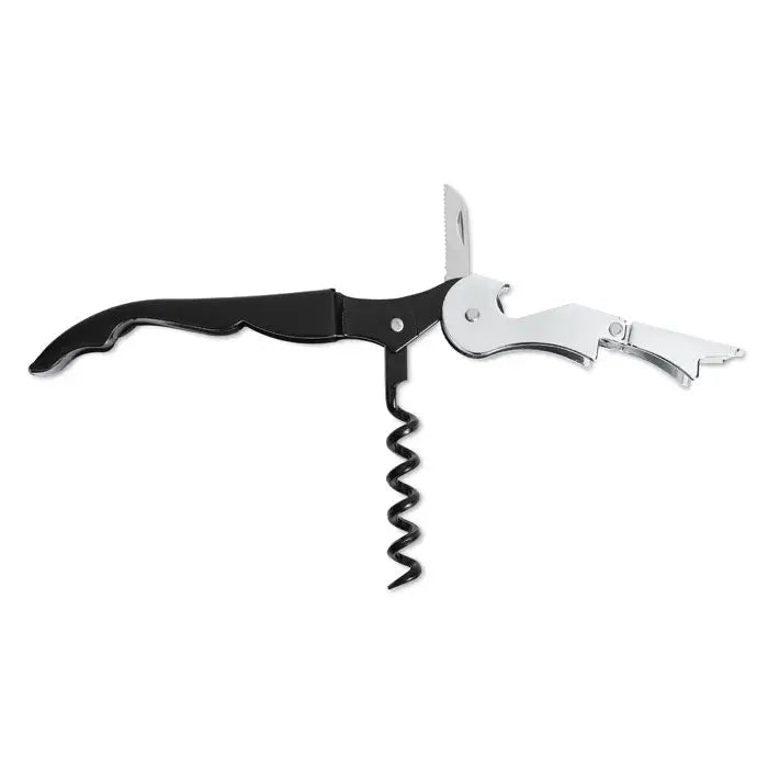Cutit multifunctional pentru ospatari negru si argintiu din metal cu tirbuson curbat si deschizator integrat
