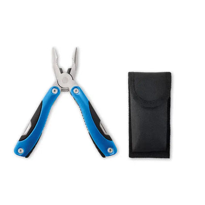 Cutit multifunctional pliabil albastru si negru cu cleme metalice argintii si design compact pentru portabilitate