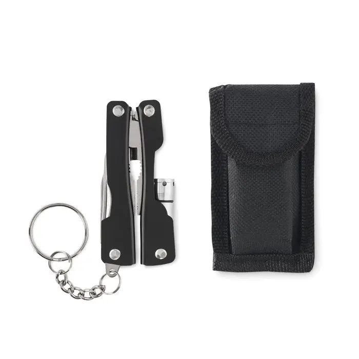 Cutit multifunctional pliabil negru cu lame argintii din otel si teaca din material textil cu breloc pentru chei