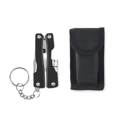 Cutit multifunctional pliabil negru cu lame argintii din otel si teaca din material textil cu breloc pentru chei