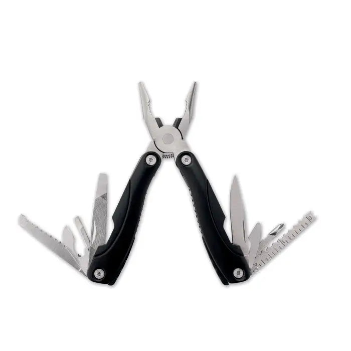 Cutit multifunctional pliabil negru si argintiu cu clesti, cutite, foarfeca si rigla pentru uz practic
