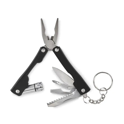 Cutit multifunctional pliabil negru si argintiu cu clesti, lame de cutit si inel pentru breloc