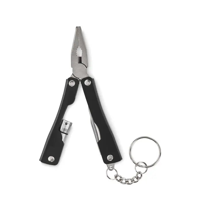 Black and silver multifunctional pliabil cutit pliers with keychain attachment made of durable metal