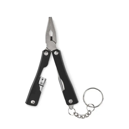 Black and silver multifunctional pliabil cutit pliers with keychain attachment made of durable metal