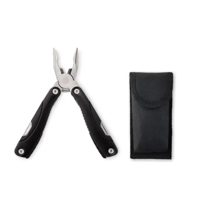 Cutit multifunctional pliabil clesti multifunctionali negri si argintii cu prindere texturata si teaca din material textil negru