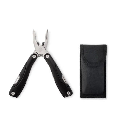 Cutit multifunctional pliabil clesti multifunctionali negri si argintii cu prindere texturata si teaca din material textil negru