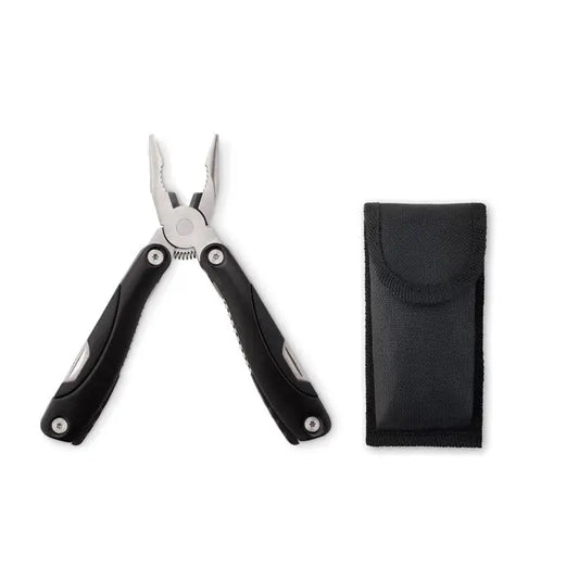 Cutit multifunctional pliabil clesti multifunctionali negri si argintii cu prindere texturata si teaca din material textil negru