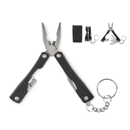 Pliere multifunctionale pliabile cutit negre si argintii cu atasament breloc din metal rezistent