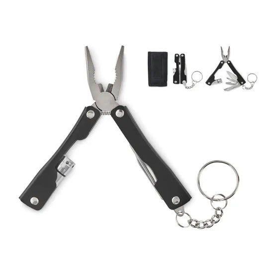 Pliere multifunctionale pliabile cutit negre si argintii cu atasament breloc din metal rezistent