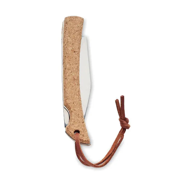 Cutit pliabil compact cu mâner din plută naturală și lănțișor maro din piele
