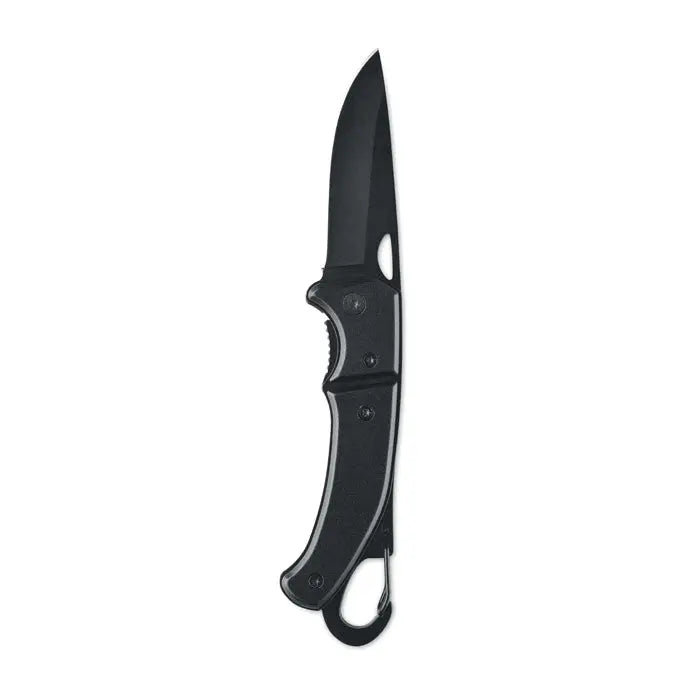 Cutit pliabil din aluminiu negru cu lama mata si maner texturat cu inel pentru breloc la baza