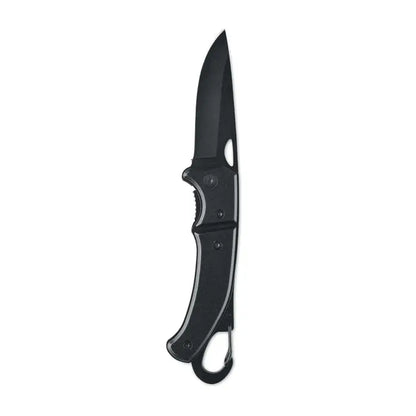 Cutit pliabil din aluminiu negru cu lama mata si maner texturat cu inel pentru breloc la baza