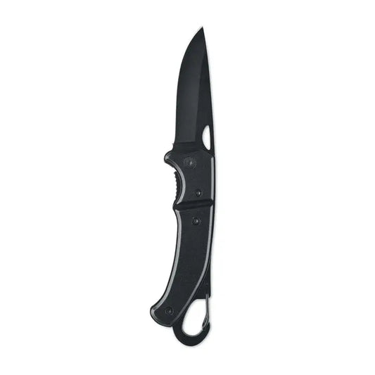 Cutit pliabil din aluminiu negru cu lama mata si maner texturat cu inel pentru breloc la baza