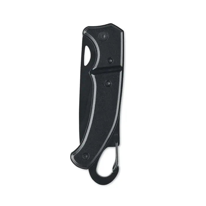 Cutit pliabil din aluminiu negru cu maner texturat si carabiniera integrata pentru portabilitate usoara