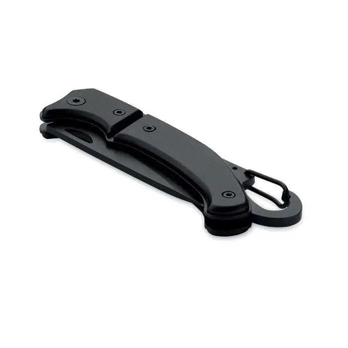 Cutit pliabil din aluminiu negru cu mâner mat și buclă integrată pentru breloc