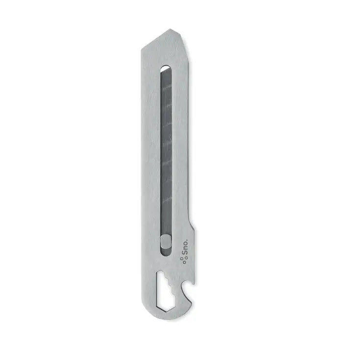 Cutit retractabil cu instrumente multiple argintiu metalic cu design minimalist si deschizator integrat la baza