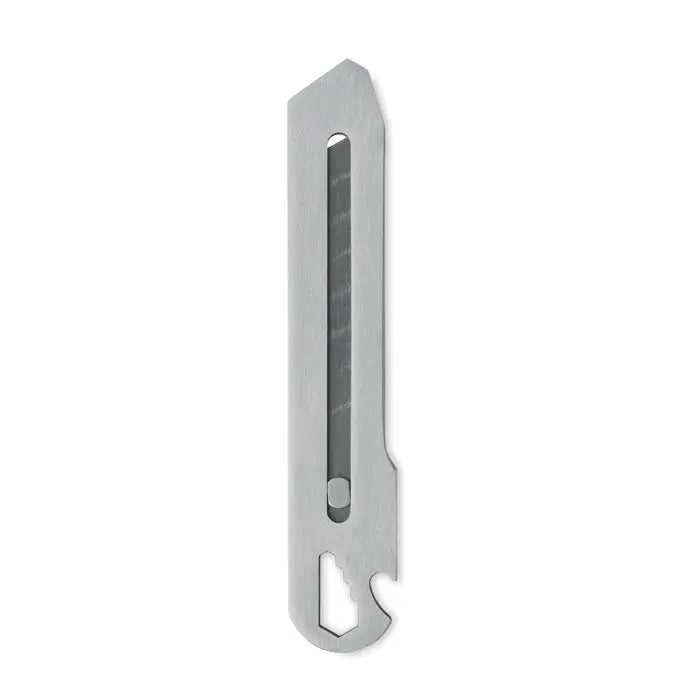 Cutit retractabil din otel inoxidabil argintiu cu lama retractabila si deschizator integrat pentru sticle