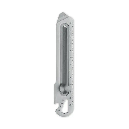 Cutit retractabil din metal argintiu cu instrumente multiple incluzand ruleta si deschizator de sticle