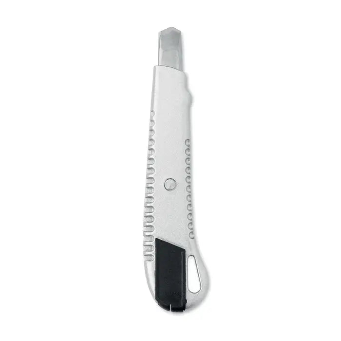 Cutit retractabil din aluminiu argintiu si negru cu maner texturat ergonomic pentru taiere precisa