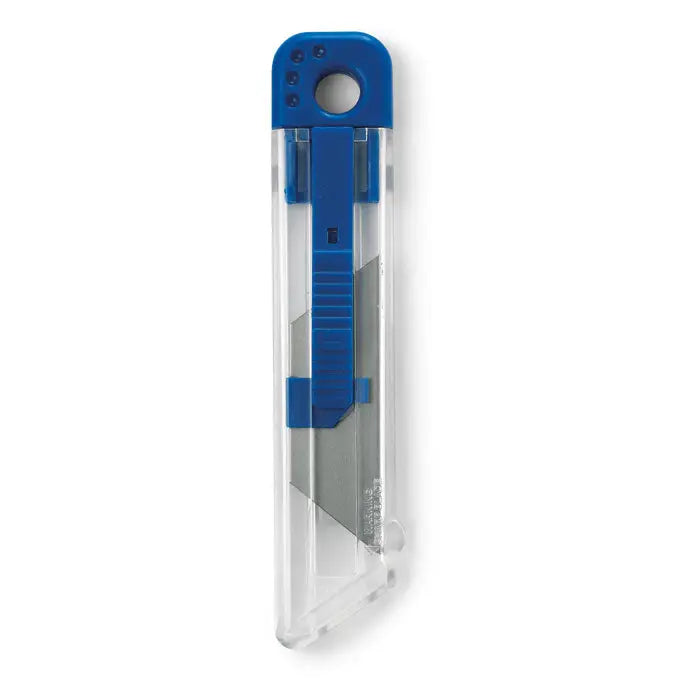 Cutit retractabil albastru din plastic cu lama argintie si carcasa protectoare transparenta pentru utilitati
