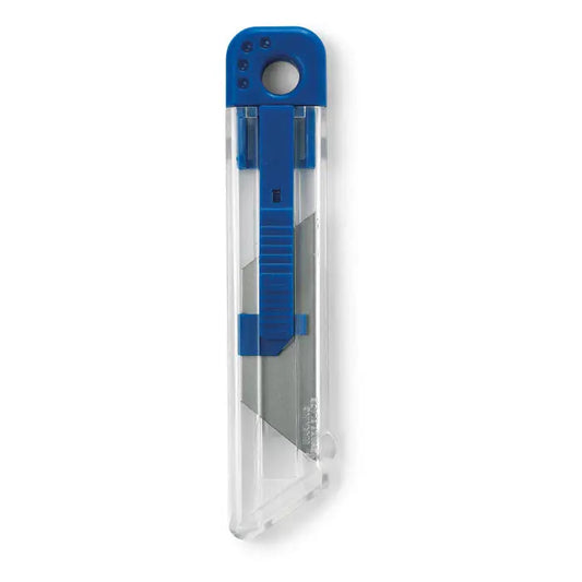 Cutit retractabil albastru din plastic cu lama argintie si carcasa protectoare transparenta pentru utilitati