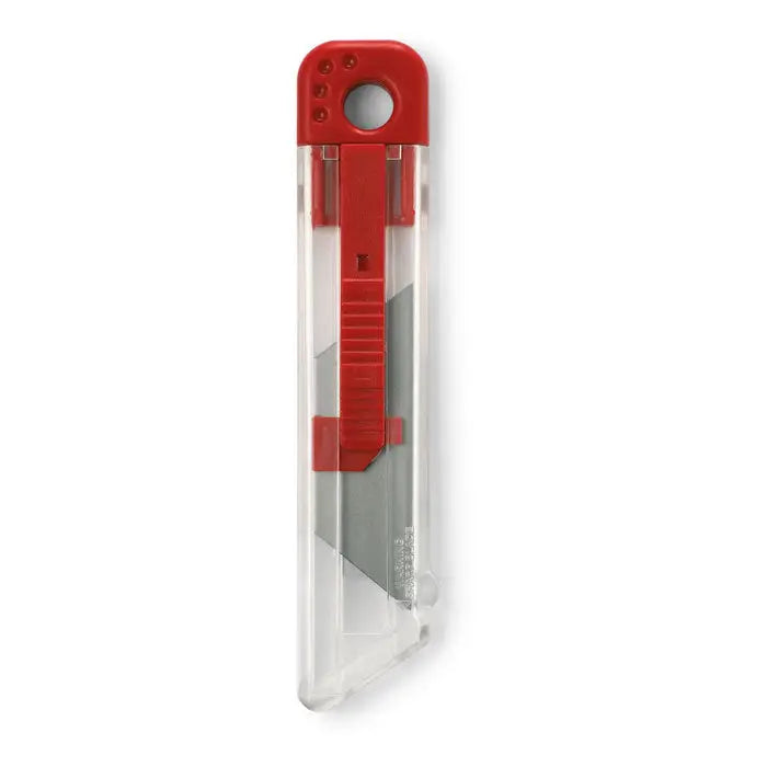 Cutit retractabil cu lama argintie, corp rosu din plastic, teaca protectoare transparenta, util pentru taiere precisa
